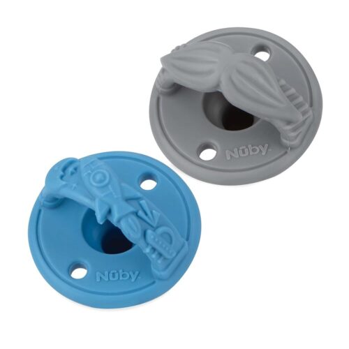 Nuby 3-D Sili Soother Baby Pacifier, Rocket and Mustache, 2 Pack